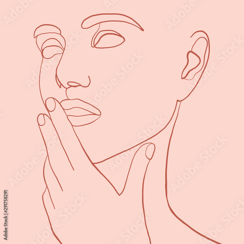 Continuous line, drawing of woman face with hand on face , fashion concept, woman beauty minimalist, vector illustration for t-shirt, slogan design print graphics style. One line fashion illustration
