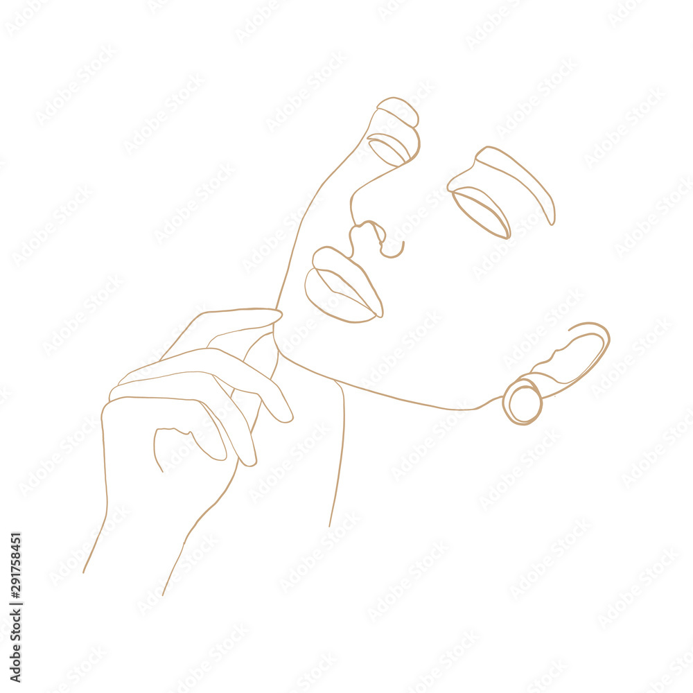 Continuous line, drawing of woman face with hand on face , fashion concept, woman beauty minimalist, vector illustration for t-shirt, slogan design print graphics style. One line fashion illustration Continuous line, drawing of woman face with hand on face , fashion concept, woman beauty minimalist, vector illustration for t-shirt, slogan design print graphics style. One line fashion illustration