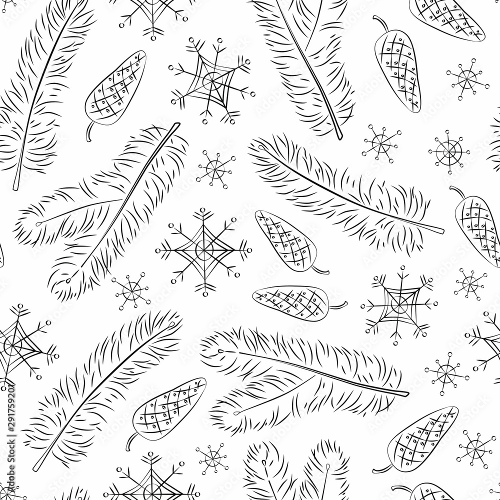 Winter vector seamless pattern outline branches spruce, cones and snowflakes on white background. Winter vector seamless pattern outline branches spruce, cones and snowflakes on white background.