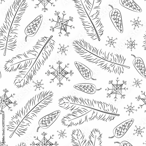 Winter vector seamless pattern outline branches spruce, cones and snowflakes on white background.