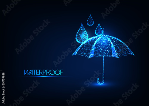 Futuristic glowing low polygonal umbrella and water drops. Waterproofing concept.
