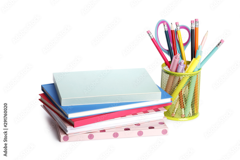 Fototapeta premium School supplies with notebooks on white background