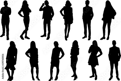Silhouettes of young people. Girls and boys in full growth. Black silhouette on a white background, contour-2