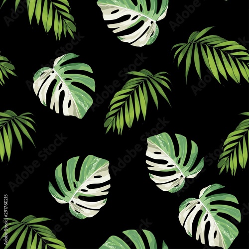 Tropic summer painting seamless pattern with exotic monstera leaves. Trendy exotic wallpaper on white background.