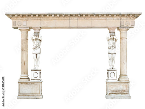 Antique stone arch with atlantes in the form of columns isolated