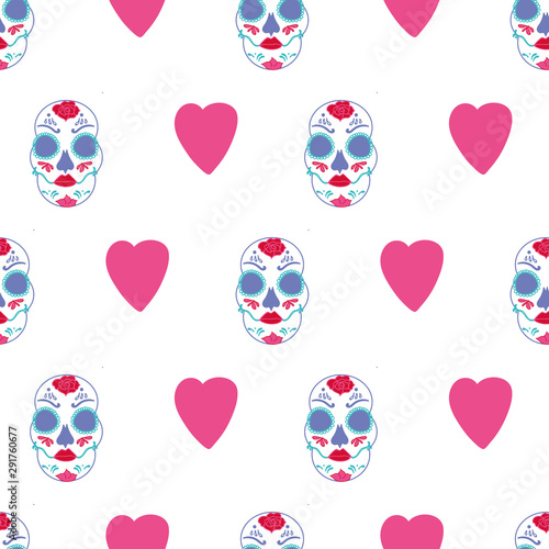 Vector glamourous Halloween seamless pattern  with purple, red, pink skull and hearts. Perfect for fabric, scrapbooking, wallpaper projects.