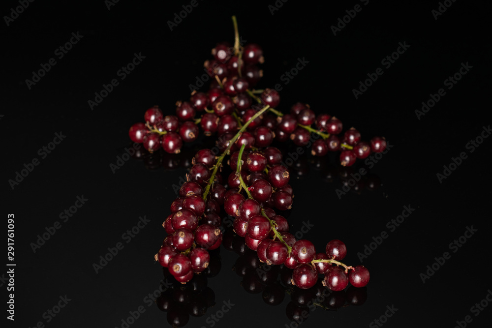 Lot of whole fresh dark redcurrant person folded isolated on black glass