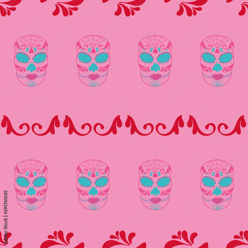 Vector glamourous Halloween seamless pattern with turquoise, red, pink skull. Perfect for fabric, scrapbooking, wallpaper projects. Vector glamourous Halloween seamless pattern with turquoise, red, pink skull. Perfect for fabric, scrapbooking, wallpaper projects.