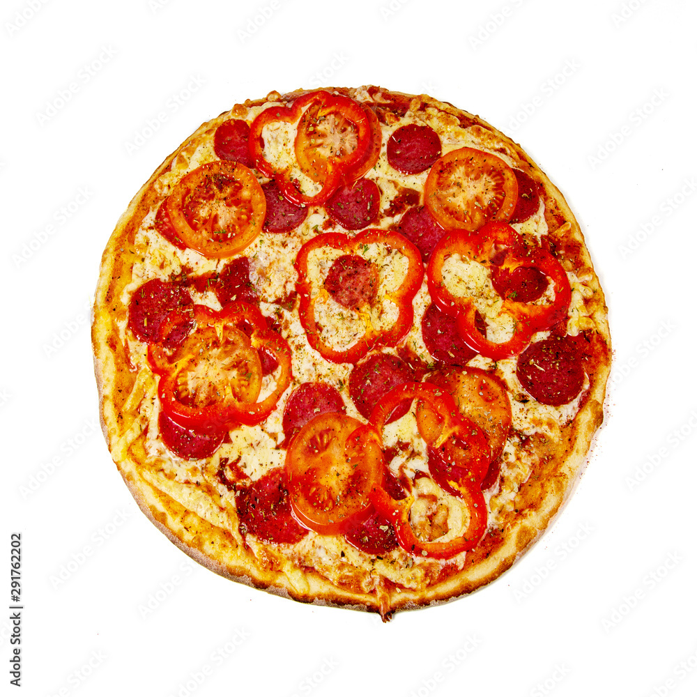 Whole pizza with pepperoni, tomatoes and bell pepper isolated on white background Whole pizza with pepperoni, tomatoes and bell pepper isolated on white background