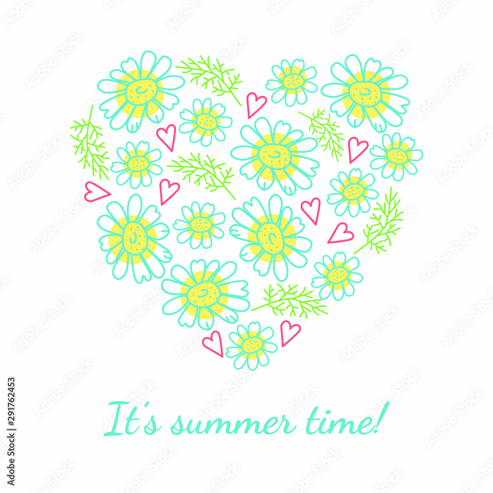 Beautiful vector summer card with chamomile heart
