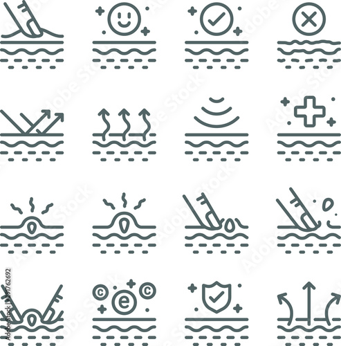 Skin Care Vector Line Icon Set. Contains such Icons as Moisturizing, Acne, Dermatology, Vitamin, Skin care and more. Expanded Stroke