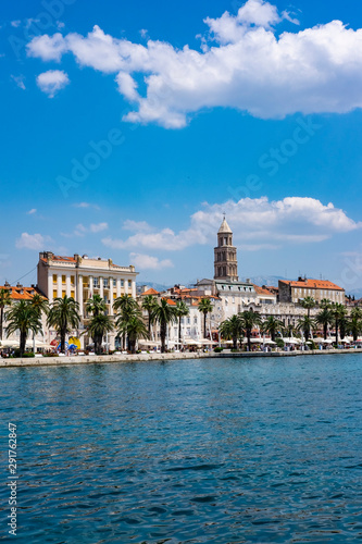 View of the Rive promenade and the old town of Split with blue water and blue sky, Dalmatia, Croatia. Split is the second largest city in Croatia and on the list of Unesco monuments