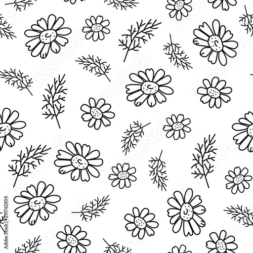 Beautiful seamless pattern of chamomile and leaves on white background