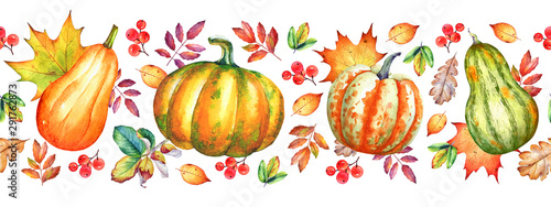 Watercolor seamless pattern with pumpkins and autumn yellow leaves.