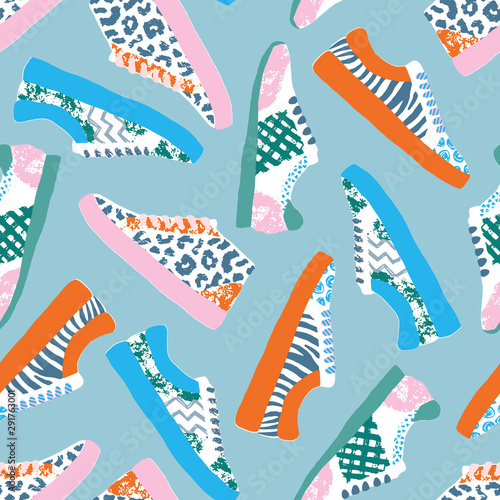 Vector sneakers seamless pattern. Hand drawn illustration of trendy footwear. Colorful design for teenagers products.