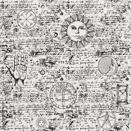 Vector seamless background on the theme of mysticism, magic, religion, medicine, occultism with various esoteric and masonic symbols. Medieval manuscript with sketches, blots and spots in retro style
