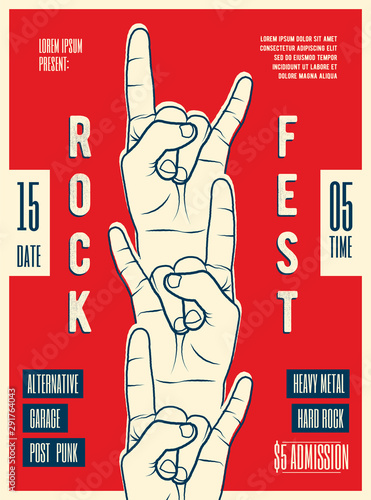 Rock music festival party poster flyer design template. Rock-n-roll hand sign. Advertising for your live rock music concert, live event. Vector illustration.
