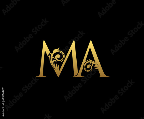 Classy Gold letter M and A, MA, VINTAGE decorative ornament emblem badge, overlapping monogram logo, classy letter logo icon.