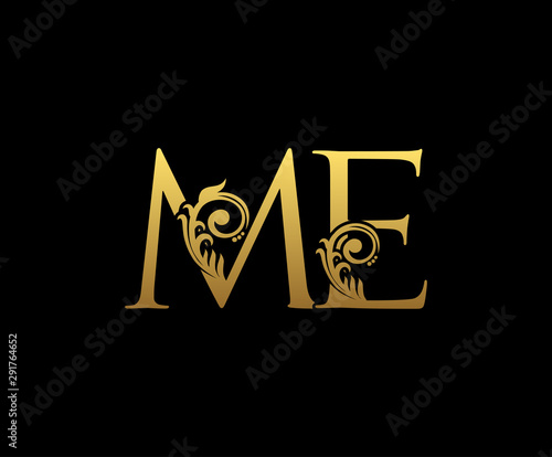 Classy Gold letter M and E, ME, VINTAGE decorative ornament emblem badge, overlapping monogram logo, classy letter logo icon.