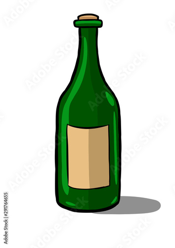 Vector cartoon wine bottles - full and empty. Transparent glass with label. Alcohol drink with shadow isolated on white background. Design of beverage.