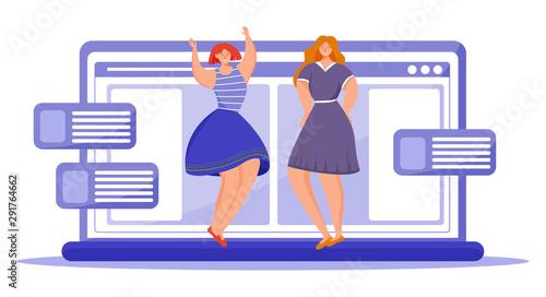 Body positive flat vector illustration. Females in dresses staying on laptop keyboard. Struggle for equality and feminism. Excess weight. Plus size figure. Smiling women cartoon characters