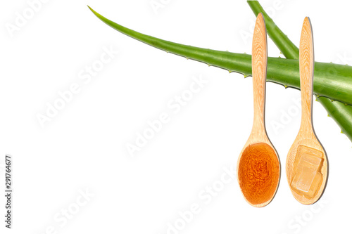 Aloe vera sliced and honey in spoon  isolated on white background copy space
