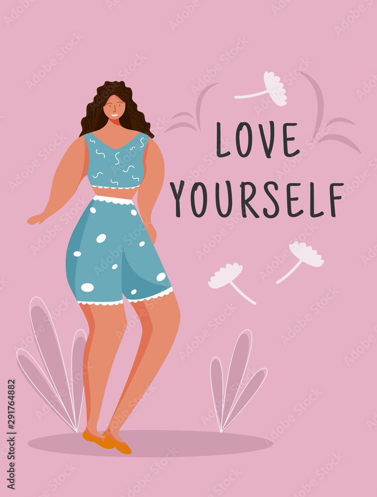 Love yourself poster vector template. Feminism movement. Brochure, cover, booklet page concept design with flat illustrations. Body positive. Advertising flyer, leaflet, banner layout idea