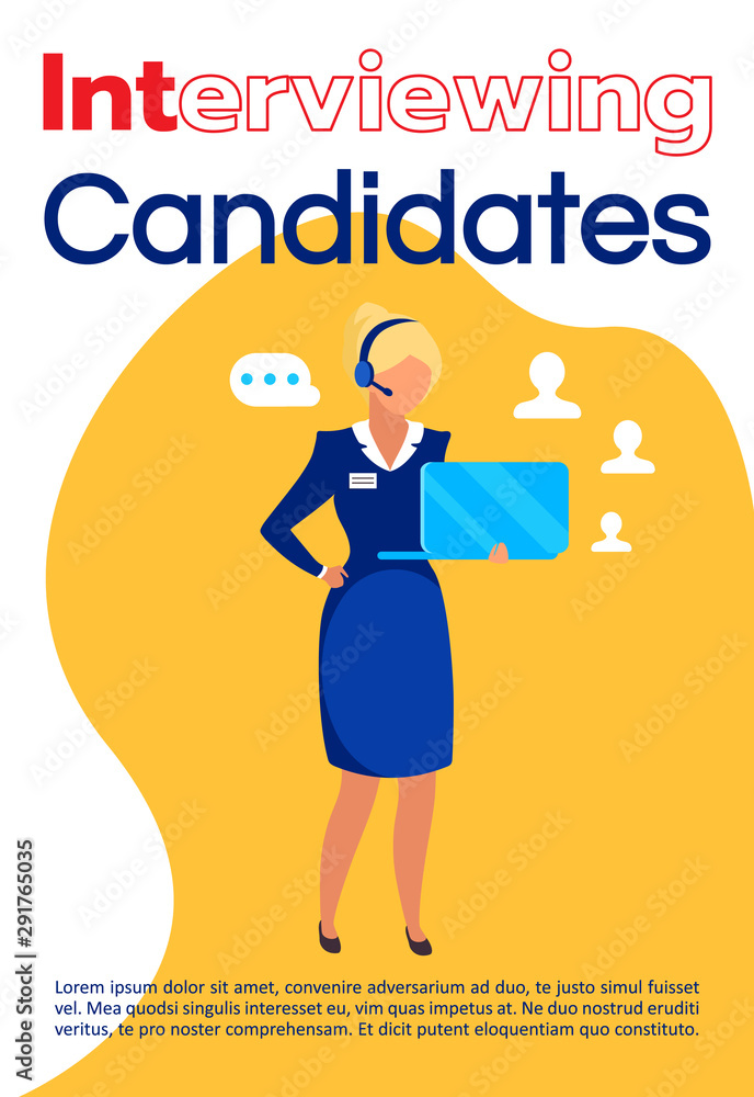 Interviewing candidates brochure template. Headhunting flyer, booklet, leaflet concept with flat illustrations. Vector page cartoon layout for magazine. Recruitment company advertising with text space