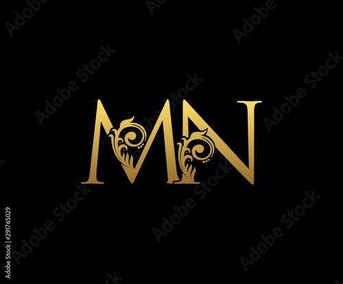 Classy Gold letter M and N, MN, VINTAGE decorative ornament emblem badge, overlapping monogram logo, classy letter logo icon.