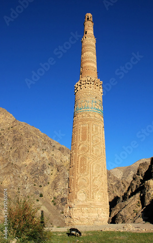 Minaret of Jam  Ghor Province in Afghanistan. The Jam minaret is a UNESCO site in a remote part of Central Afghanistan. The Minaret of Jam is an outstanding example of ancient Islamic architecture.