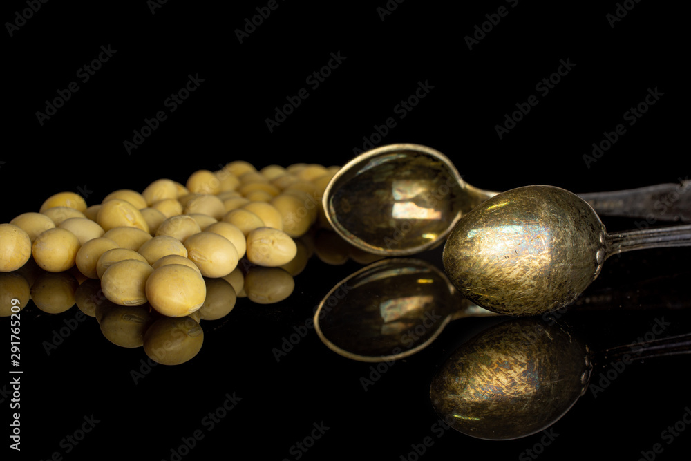 Lot of whole raw yellow soya bean with sugar tongs isolated on black glass Lot of whole raw yellow soya bean with sugar tongs isolated on black glass