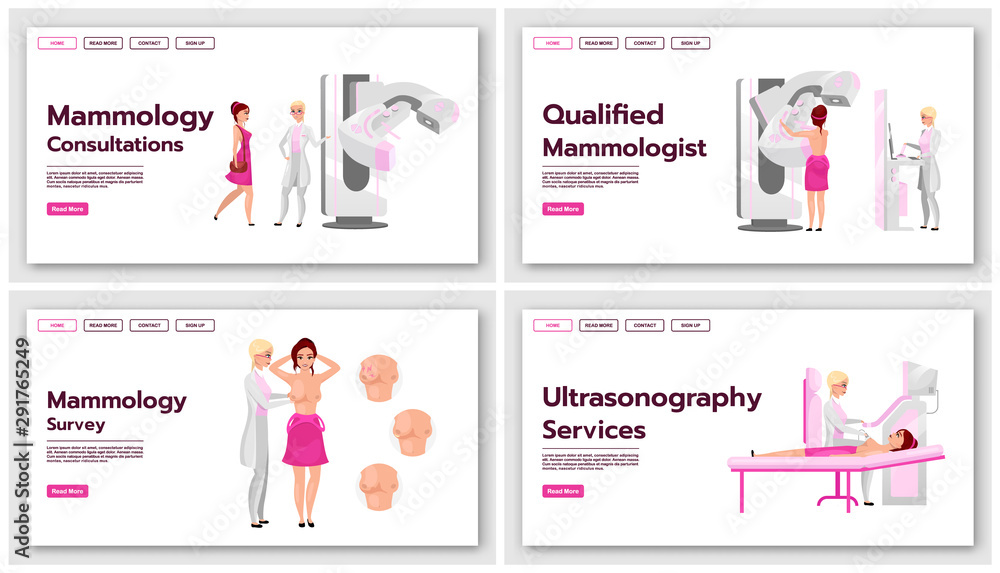 Mammography landing page vector templates set. Screening tests for breast cancer website interface idea with flat illustrations. Medical ultrasonography homepage layout. Web banner, webpage concept