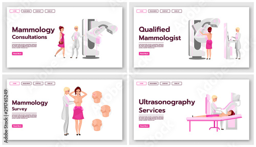 Mammography landing page vector templates set. Screening tests for breast cancer website interface idea with flat illustrations. Medical ultrasonography homepage layout. Web banner, webpage concept