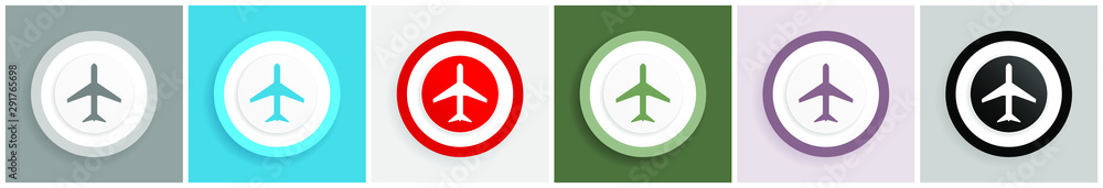 Plane icon set, vector illustrations in 6 options for web design and mobile applications