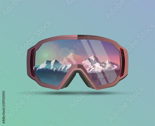Snowboard protective mask with mountains landscape on reflection. Mountain sky glasses. Snowboarding Goggles. Extreme sport vector background.