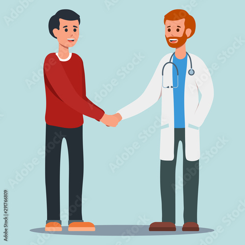 Flat vector doctor and patient shake hands. Medical illustration. Isolated on blue background
