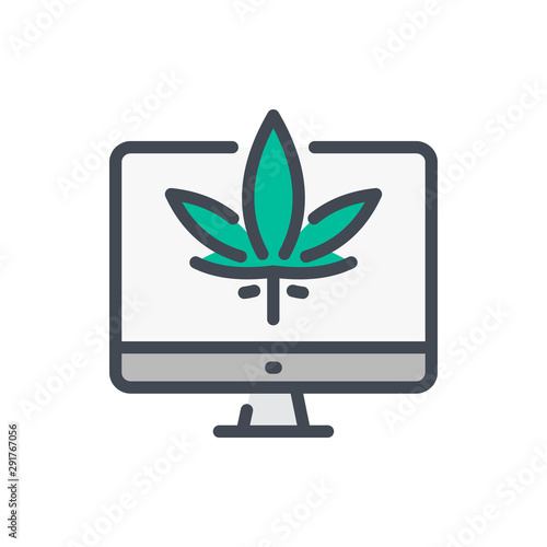 Online order of cannabis color line icon. Computer with marijuana leaf vector outline colorful sign.