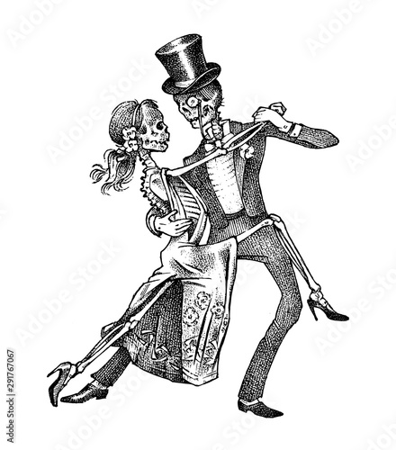 Dancing skeletons. Halloween banner template. Day of the dead. Hand drawn engraved sketch for tattoo, t-shirt or logo.