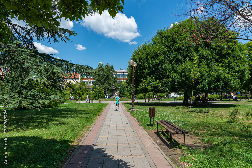 Loznica, Serbia - July 11, 2019: School park (Školski park: serbian) on Jovan Cvijic Square in Loznica. Loznica is a city located in the Macva District of western Serbia. 