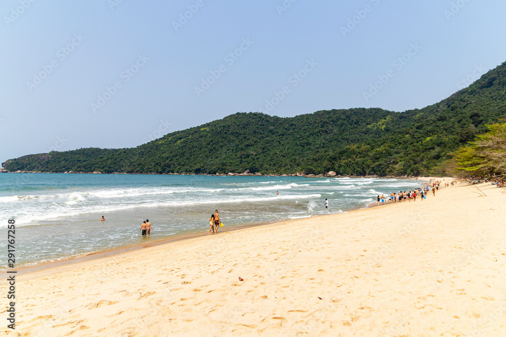 Paraty, Rio de Janeiro, Brazil - Setembro 15, 2019: Caixa d'Aço Beach, People visit Trindade beach in Paraty, state of Rio de Janeiro in Brazil.
