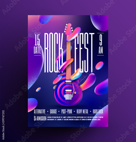 Rock music party or concert or festival or live event poster template. Rock-n-roll party flyer. Vector illustration.