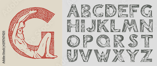 Decorative alphabet in ancient style. Yoga and letters. Indian monk man in various poses. Old Font for labels. Vintage typeface. Editable and layered monogram. Hand drawn sketch. Vector illustration