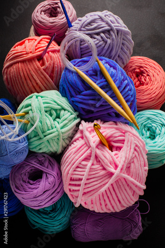 Heap of plush and textile yarn balls