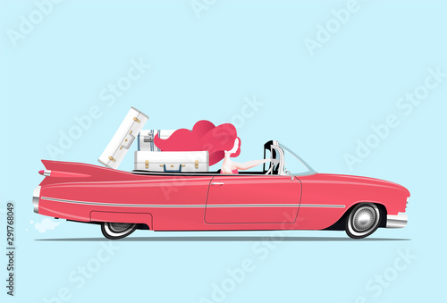 Traveler redhead girl is driving a red car with luggage on backseats. Traveling woman. Cartoon styled vector illustration.