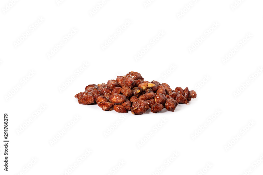 Sweet peanuts in caramel and sesame seeds. On a white background isolate. A treat for any holiday. Sweet peanuts in caramel and sesame seeds. On a white background isolate. A treat for any holiday.