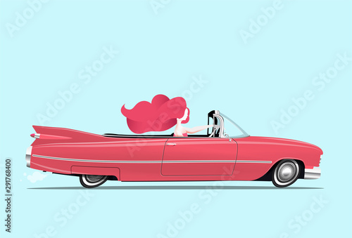 Redhead girl is driving a classic red cabriolet car. Woman driving. Cartoon styled vector illustration.