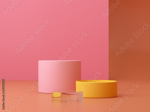 Minimal scene. Cylinder podium  abstract background. Geometric shapes. Colorful scene. Minimal 3d rendering. Scene with geometrical forms  pink and coral background for cosmetic product. 3d render. 