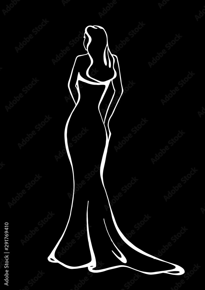 Black and white hand drawn graphic of a young woman in floor length form fitting dress standing back Black and white hand drawn graphic of a young woman in floor length form fitting dress standing back