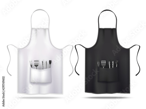 Black and White Apron Mockups with Grill Utensils in Realistic Style