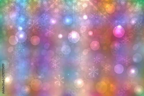 A festive abstract Happy New Year or Christmas texture background and with colorful pastel blurred bokeh lights and stars. Space for design. Card concept or advertising.